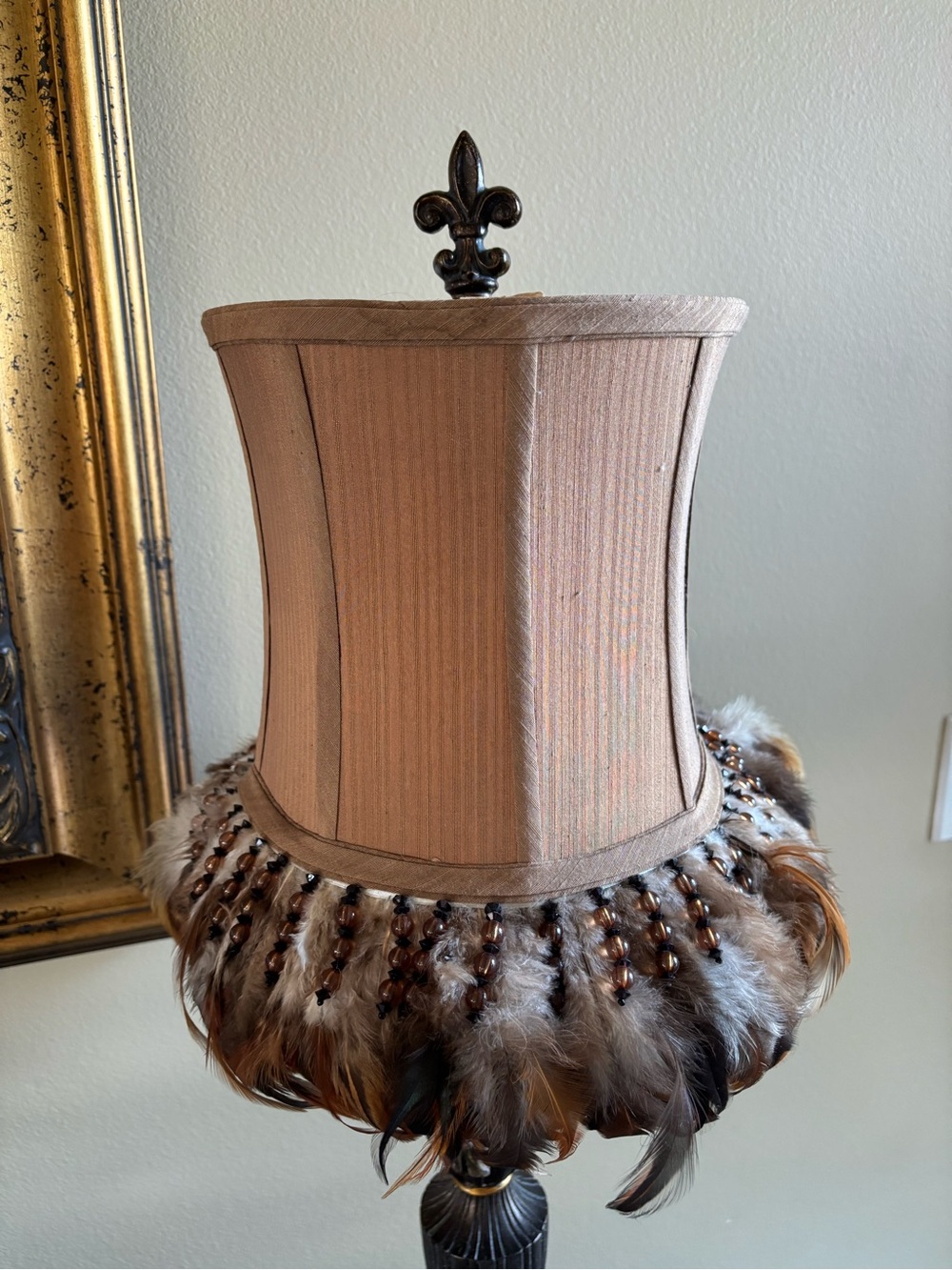 Silk, Beaded Feather Accent Lampshade in Taupe Brown